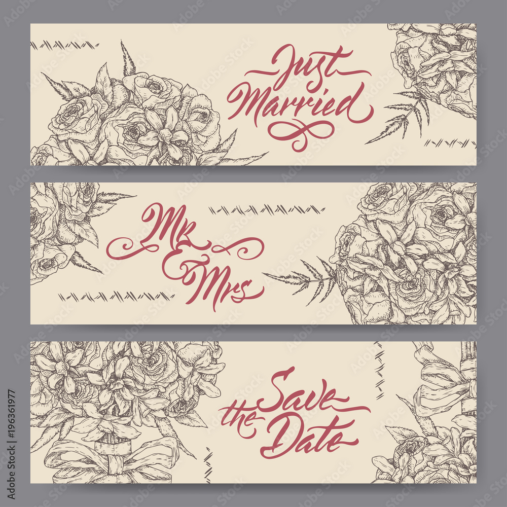 Set of three original wedding banners based on bouquet sketch and brush calligraphy.