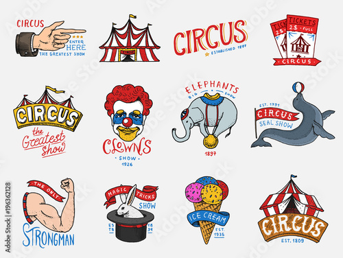 Carnival Circus badge. Harlequin with animals. clown and elephant, ice cream, magic focus in the tent. funnyman funster or freak. festival with actors. engraved emblem hand drawn. theater and marquee.