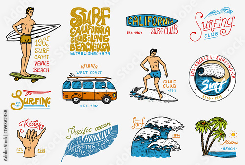 Surf badge and wave, palm tree and ocean. tropics and california. man on the surfboard, summer on the beach and the sea. engraved emblem hand drawn. Banner or poster. sports in Hawaii.