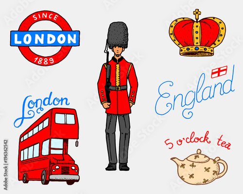 British Logo, Crown and Queen, teapot with tea, bus and royal guard, London and the gentlemen. symbols, badges or stamps, emblems or architectural landmarks, United Kingdom. Country England label.