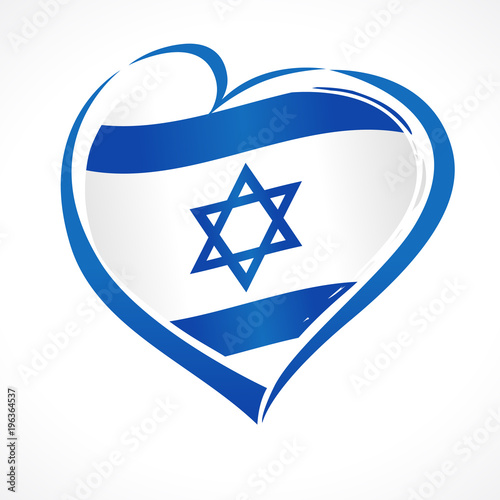 Love Israel, heart emblem national flag colored. Flag of Israel with heart shape for Israel Independence Day isolated on white background. Vector illustration