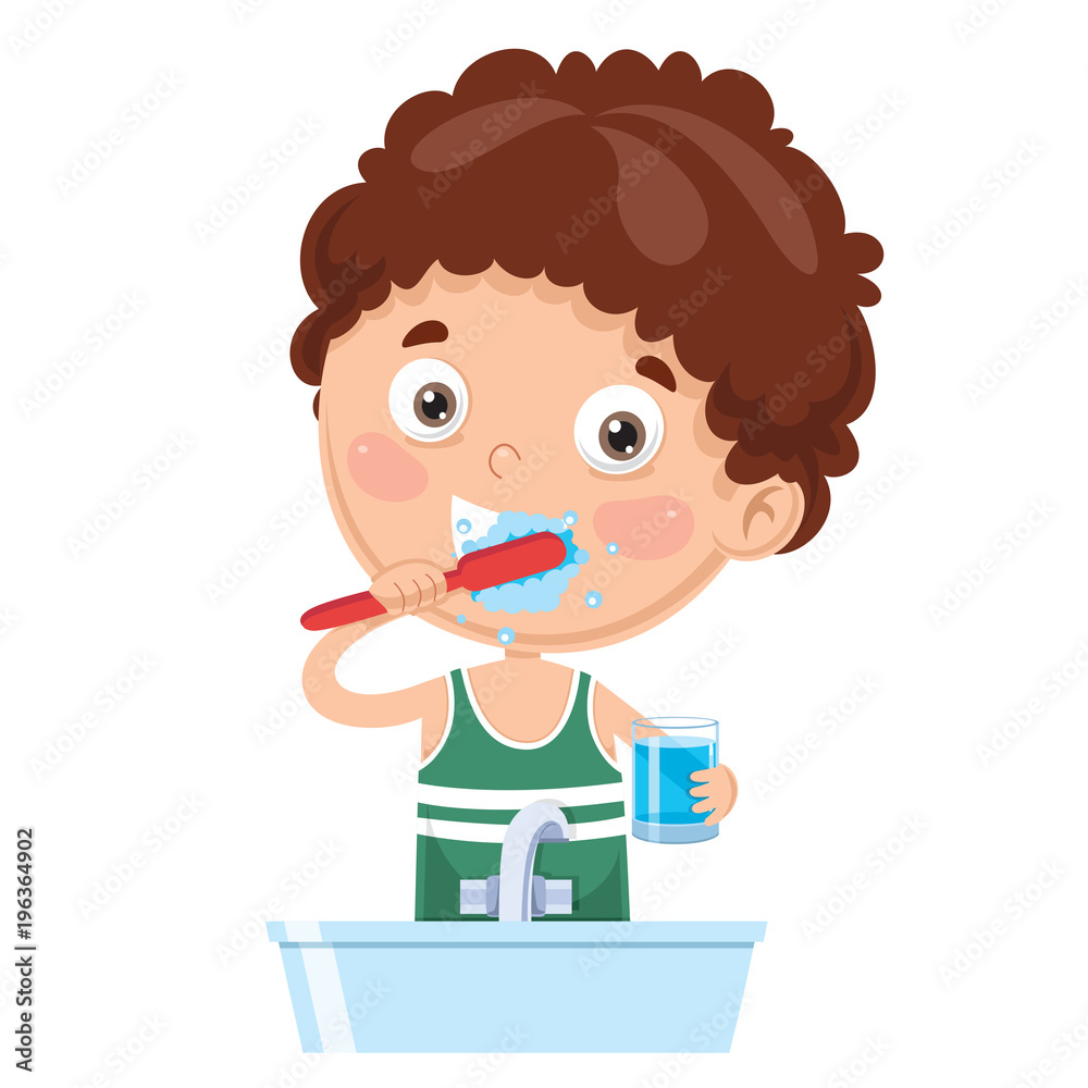 Vector Illustration Of Kid Brushing Teeth