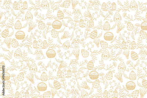 Easter pattern with golden paschal symbols in sketch style. Banner, flyer, brochure, advertising. Layout for holidays, postcards, websites