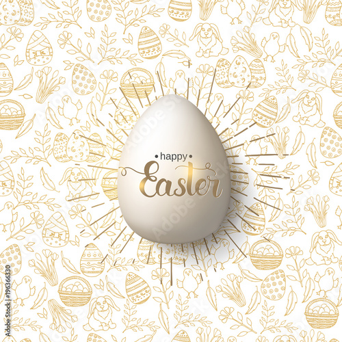 Easter egg with hand made trendy lettering "Happy Easter"on seamless pattern with golden paschal symbols in sketch style. For banner, flyer, brochure. Object for holidays, postcards, websites