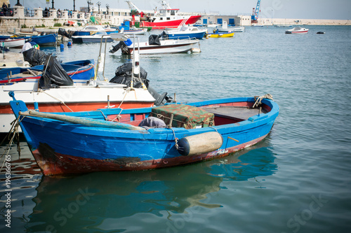 Horizontal View of Boats Moored in the Bari Touristic Harbour on Partially Cloudy Sky Background. Bari  South of Italy