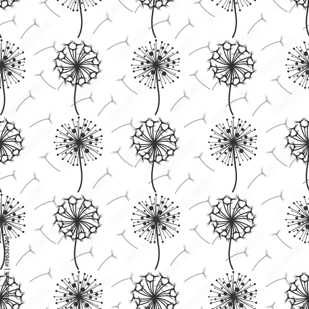 Obraz premium Monochrome dandelion flowers and seeds seamless pattern