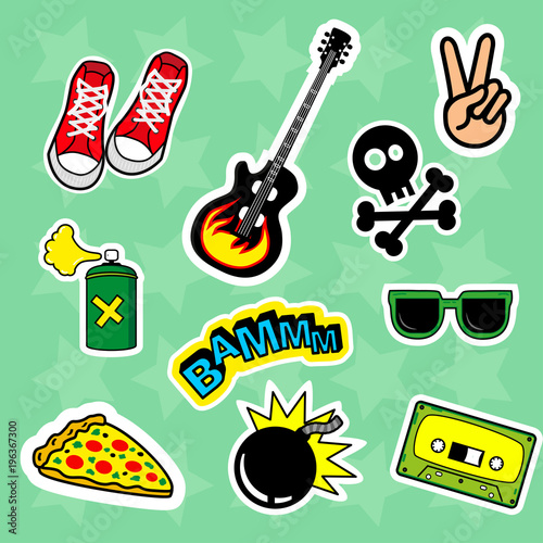 Fashion patch badges with speech bubbles, skull, Audiocassette, love, boom, glasses, peace, bomb, guitar, pizza, Sneakers and other. Very large set of girlish stickers, patches in cartoon isolated