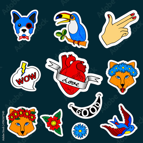 Fashion patch badges with dogs, bulldog, fox, swallow, tattoo, puppy and other. Very large set of girlish and boyish stickers, patches in cartoon isolated.Trendy print for backpacks, things, clothes