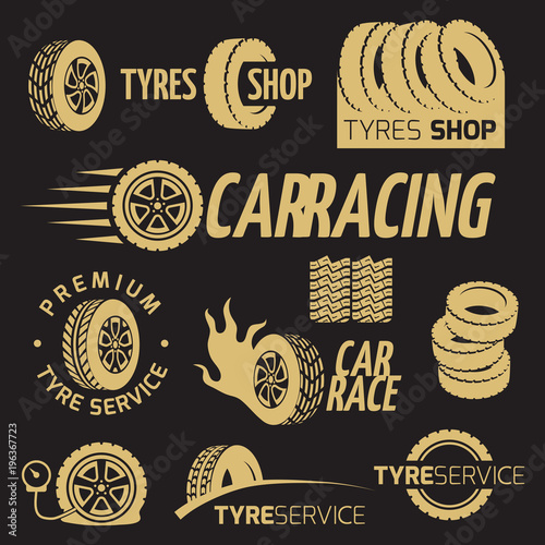 Automobile rubber tire shop, car wheel, racing vector logos and labels set