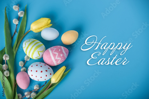 Holiday greeting card with text happy Easter