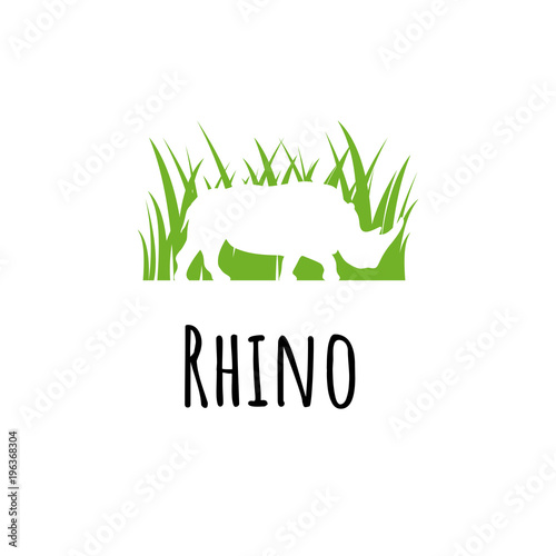 Rhine logo template. Silhoutte rhinoceros in green grass isolated. Creative icon design.