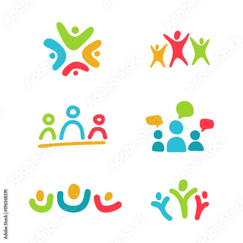 Social relationship logo and icon set. Colorful symbols. Family, teamwork, social communication and connection concept.