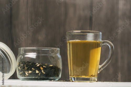 Mug of green tea and dry tea