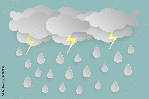 White Cloud and white rain Drop on Blue Background, illustration. paper art and digital craft style