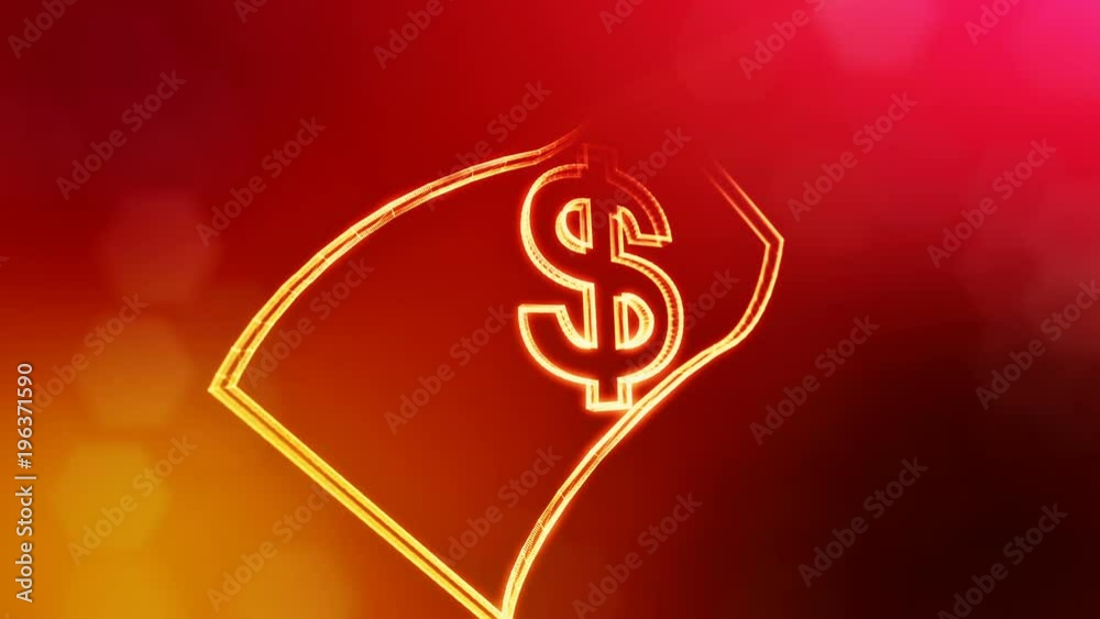 dollar sign in emblem of banknote. Finance background of luminous particles. 3D seamless animation with depth of field, bokeh and copy space for your text. Red color v2 dollar sign in emblem of banknote. Finance background of luminous particles. 3D seamless animation with depth of field, bokeh and copy space for your text. Red color v2