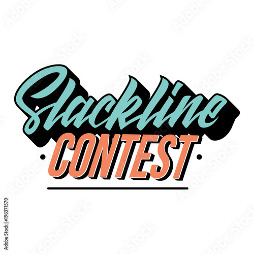Slackline contest lettering logo isolated on white background. Modern calligraphy vector illustration for design t-shirts, banners, labels, apparel, competition. Blue and red colors.