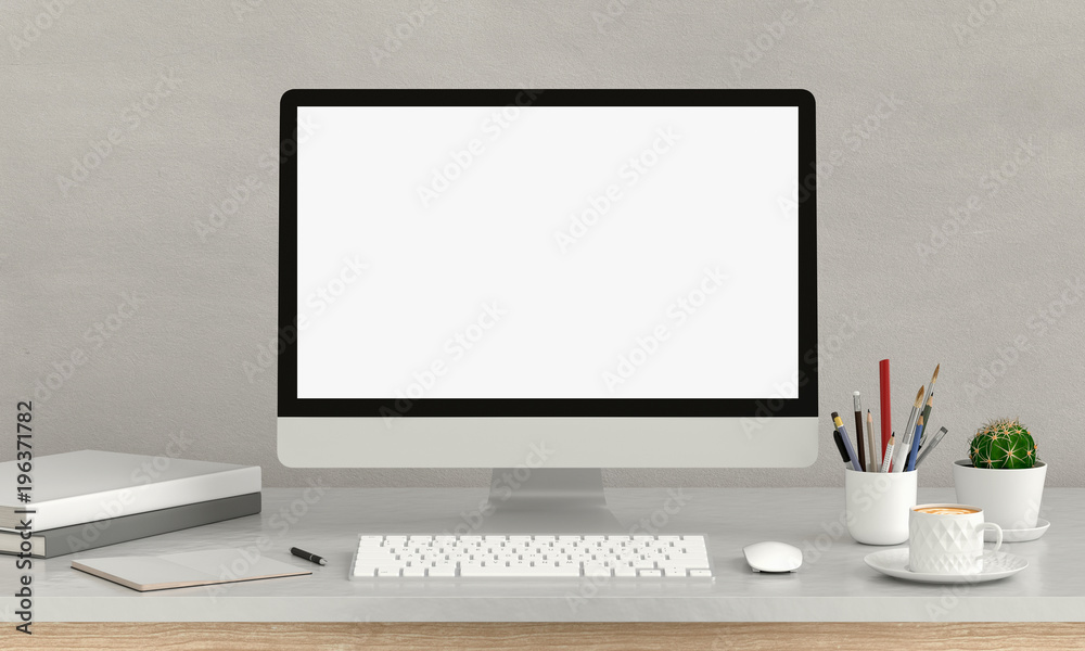 Computer display for mockup on table, 3D rendering