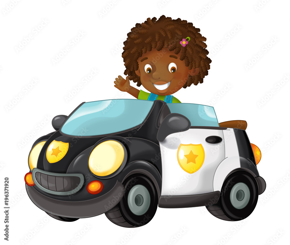 cartoon scene with child - girl in toy police car on white background - illustration for children