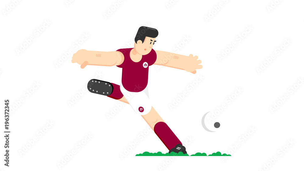 Soccer player hits the ball. Flat vector illustration. Isolated on white background