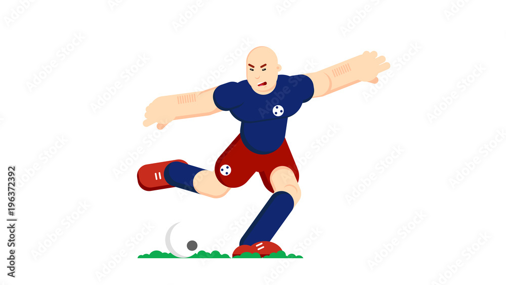 Soccer player hits the ball. Flat vector illustration. Isolated on white background