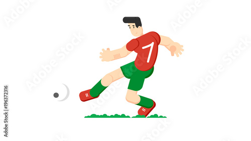 Soccer player hits the ball. Flat vector illustration. Isolated on white background