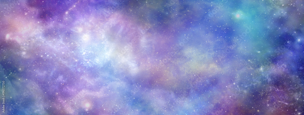 Fototapeta premium Kolorowy kosmiczny transparent tła galaktycznej przestrzeni - tętniący życiem panoramiczny widok z dużą ilością gwiazd, planet i formacji chmur
