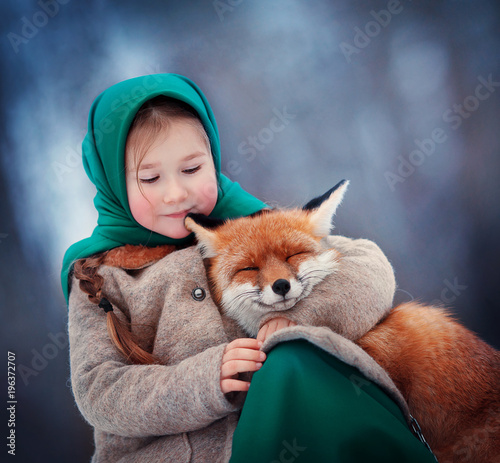 Canvas Print little girl with Fox in the woods