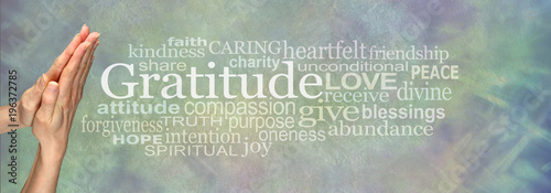 Картината върху платно Gratitude Prayer Word Tag Cloud     - Female hands in prayer position beside the