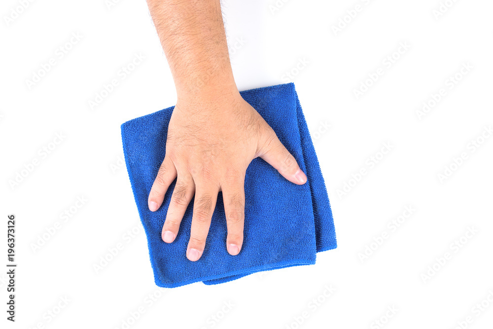 A man's hand holding blue microfiber rags cloth for wipe or cleaning on white background or isolated