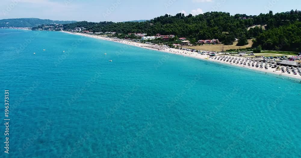 Aerial flight with drone over the of Aigeopelagitika beach in Kassandra, Chalkidiki, Greece Aerial flight with drone over the of Aigeopelagitika beach in Kassandra, Chalkidiki, Greece