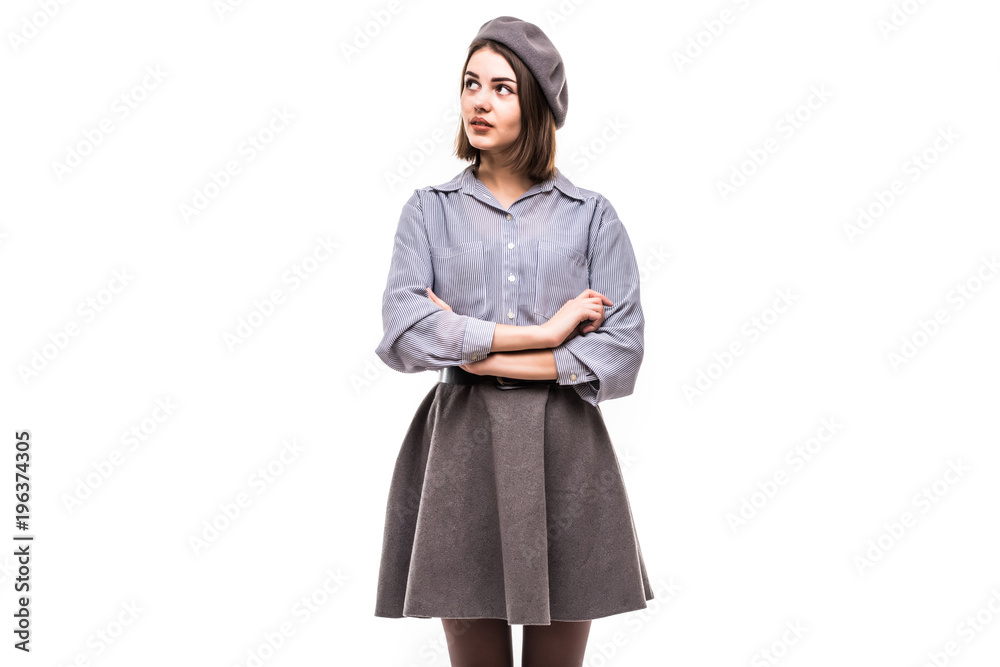 Portrait of a cheerful woman wearing beret with crossed hands isolated over white background Portrait of a cheerful woman wearing beret with crossed hands isolated over white background