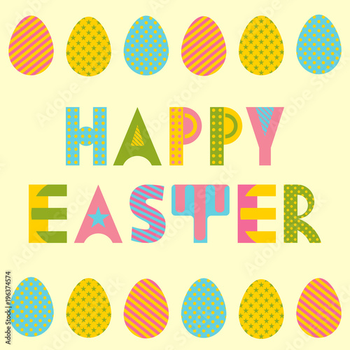 Happy easter. Trendy geometric font in memphis style of 80s-90s. Easter eggs with different geometric ornaments