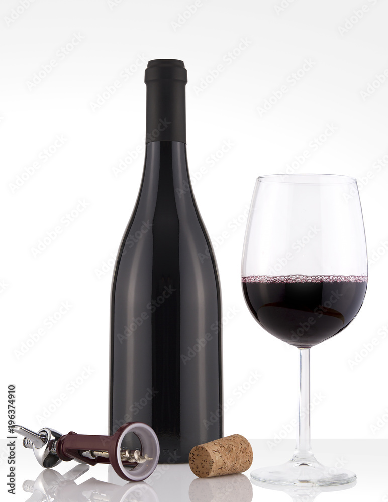 Isolated Red Wine Bottle in a White Background, no Label Label and Glass Isolated Red Wine Bottle in a White Background, no Label Label and Glass