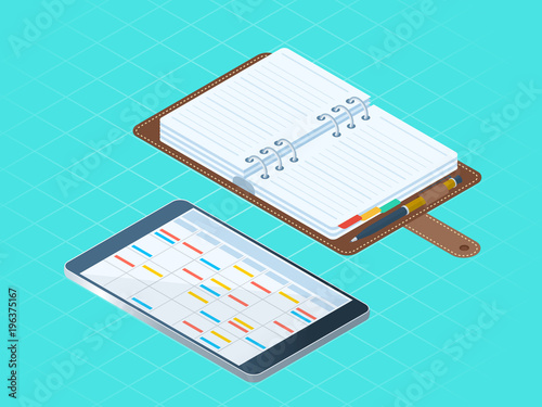 Flat isometric illustration paper and electronic planners. Right top view of business personal accessory. Office supply vector concept: diary organizer, tablet pc with agenda, schedule on the screen.
