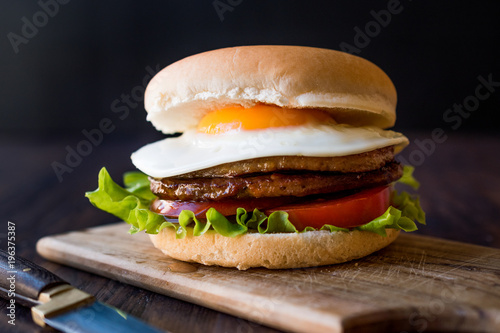 Homemade Double Hamburger with Egg, Lettuce and Tomatoes.