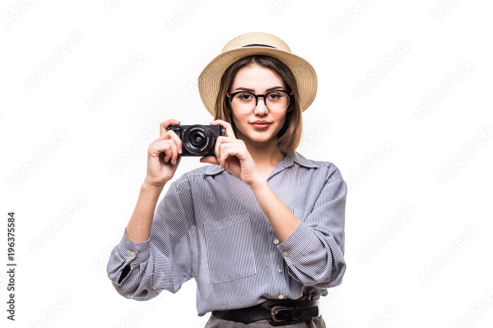 portrait of smiling woman with photo camera looking at camera isolated on white portrait of smiling woman with photo camera looking at camera isolated on white