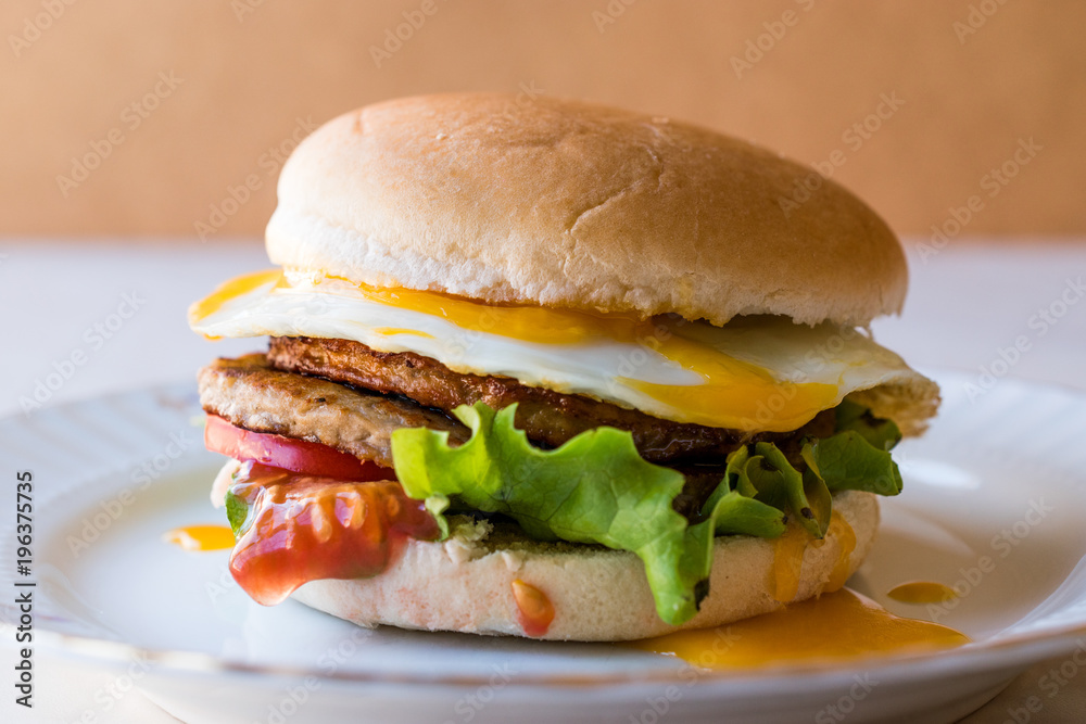 Homemade Double Hamburger with Egg, Lettuce and Tomatoes. Homemade Double Hamburger with Egg, Lettuce and Tomatoes.