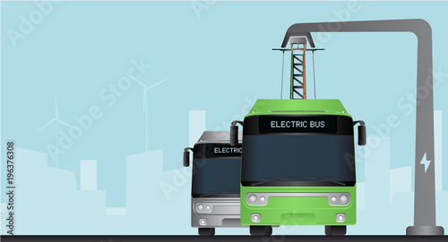 Green electric bus at a stop is charged by pantograph. Vector illustration EPS 10