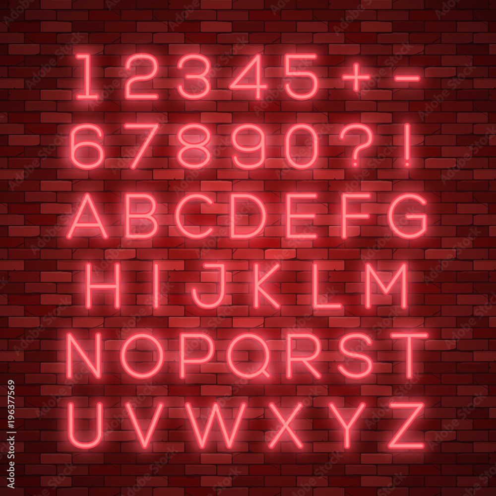 Realistic neon alphabet. Bright neon glowing font Realistic neon alphabet. Bright neon glowing font