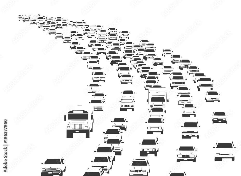 Illustration of rush hour traffic jam on freeway in black and white