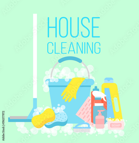 Vector illustration of house cleaning, cleaning service concept. Gloves, a mop, means for cleaning as a scraper, brush and bucket on light blue background in flat style.