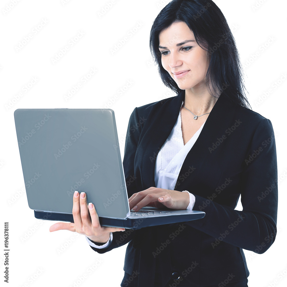 Businesswoman working at a laptop full length isolated, white background Businesswoman working at a laptop full length isolated, white background
