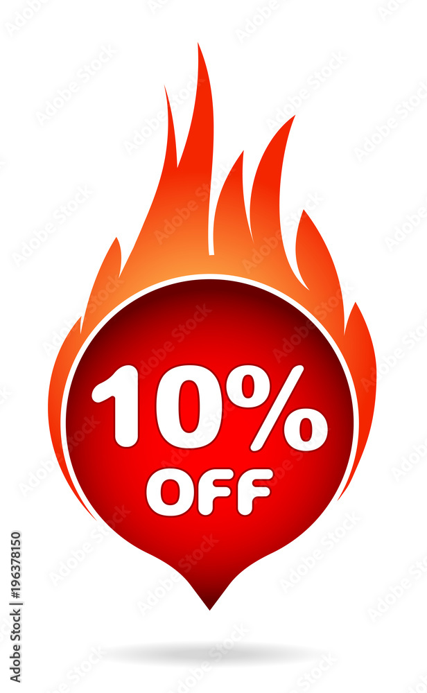 10 percent off red blazing speech bubble, sticker, label or icon with shadow and flame for your design. 10 percent off red blazing speech bubble, sticker, label or icon with shadow and flame for your design.