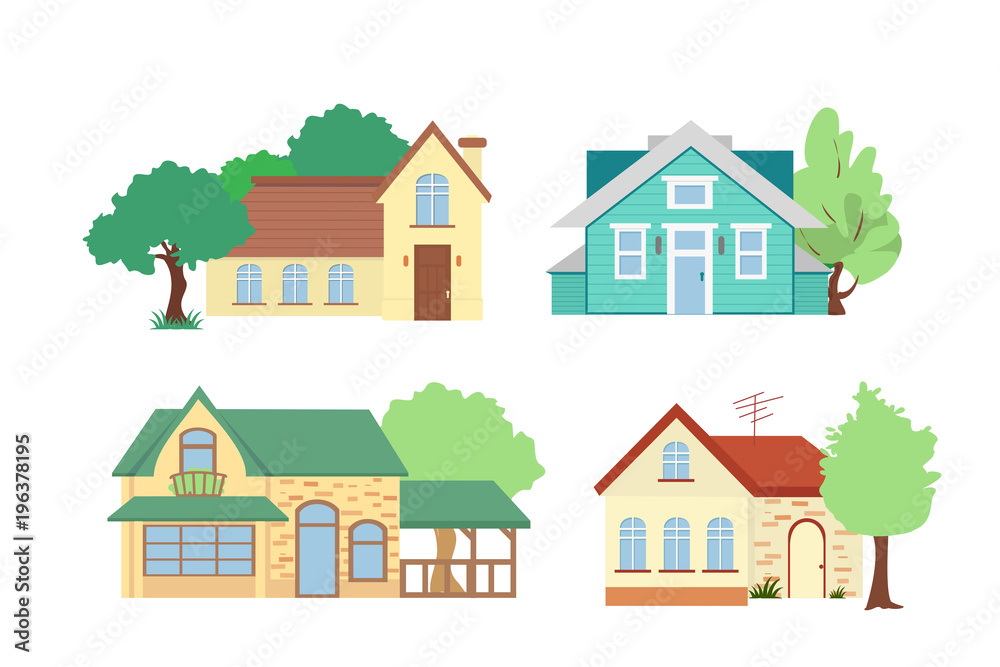 Vector illustration set of cottage houses with trees on white background in flat cartoon style.