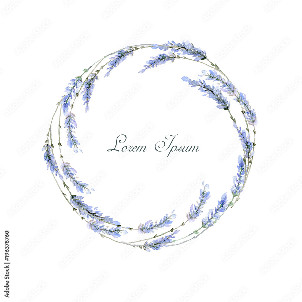 Watercolor hand drawn frame. Wreath. Card. Lavender.