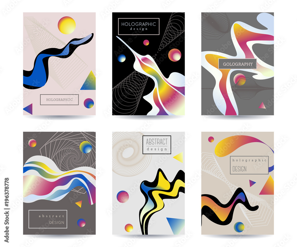 Abstract holographic background set. Cover template design with liquid shapes and geometric elements. Vector illustration