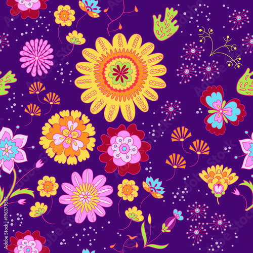 Vector floral summer pattern in doodle graphyc style