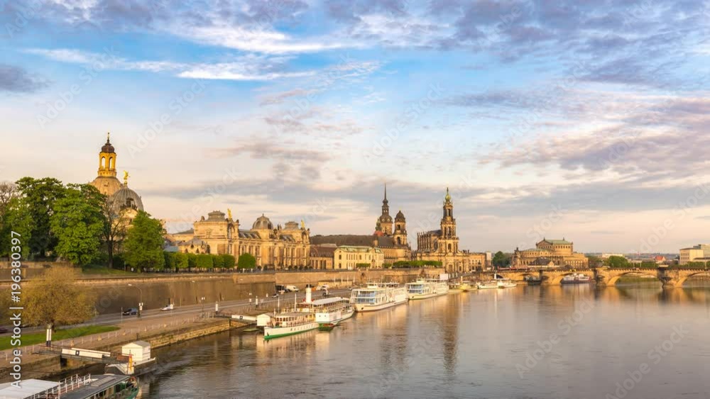 Dresden city skyline timelapse at Elbe River with Dresden Cathedral and Augustus Bridge, Dresden, Germany 4K Time lapse