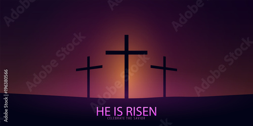 He is Risen. Celebrate the savior. Easter Church banner with cross, christian motive. Vector illustration