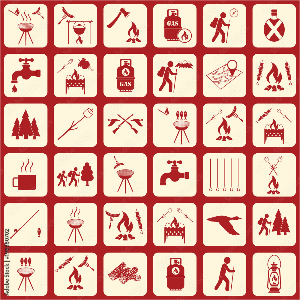 Set of travel and camping equipment icons Set of travel and camping equipment icons
